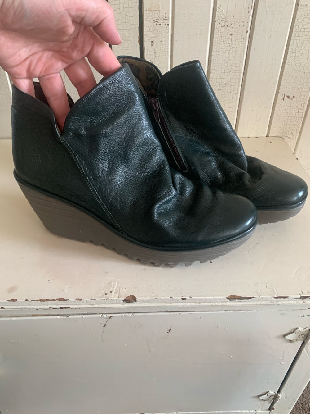Fly London Dark Green Leather Wedge Ankle Bootie - Women Size 41
